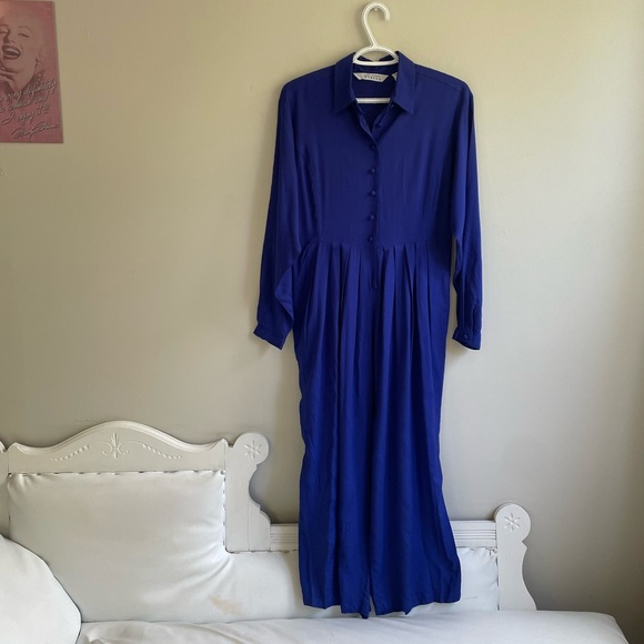 ROYAL BLUE CROPPED WIDE LEG JUMPSUIT PLEATS POCKETS BUTTONS HALF BELT COLLAR - Picture 3 of 11